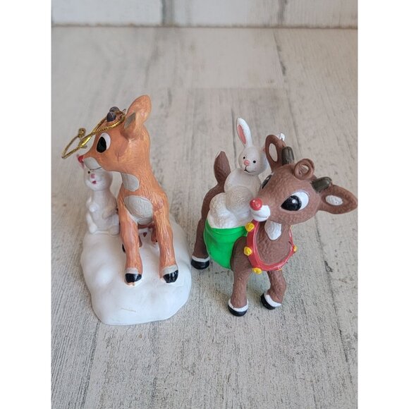 Rudolph red nosed reindeer snow bunny ornament Xmas set - Picture 3 of 6